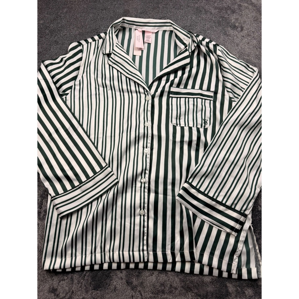 Victorias Secret Green White Striped Satin Pajama Top Button Down Small 420183-S